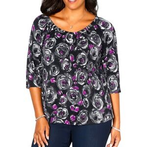 Charter Club Floral Abstract Shirt‎ Black Gray Purple Roses Size Medium Womens